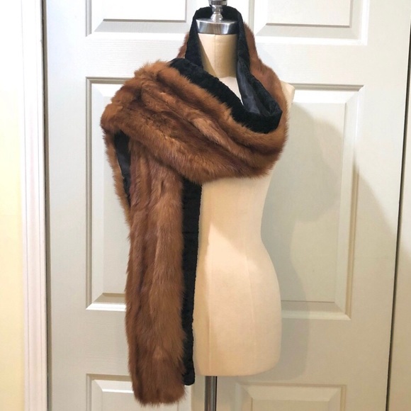 Vintage ‘40s Mink Velvet Trim Silk Lined Scarf Wrap Size 8 X 77 - Picture 1 of 13